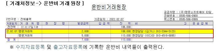 운반비 수지 및 집계 출력 화면