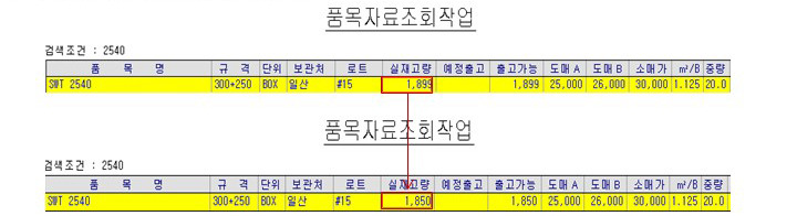 실사 재고 정리 결과 확인